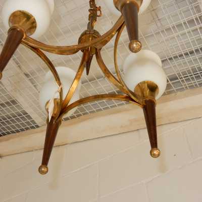 1950' Lustre Bronze et Laiton Avec Flèche Style Arbus ou Maison Jansen 4 Lampes 