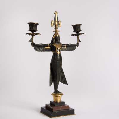 Pair of candlesticks back from Egypt, late nineteenth