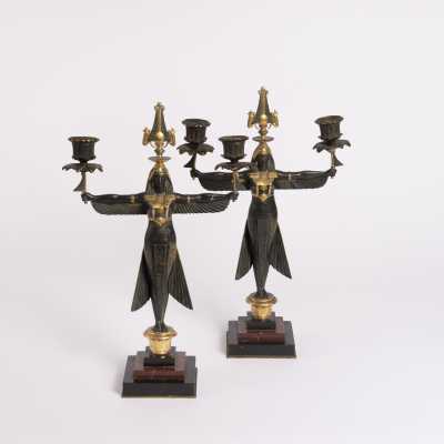 Pair of candlesticks back from Egypt, late nineteenth