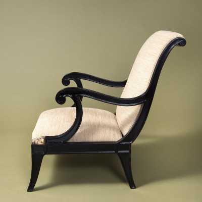 Pair of armchairs in the style of Jansen, black lacquer, bronze motifs (detail claw), France, c.1940