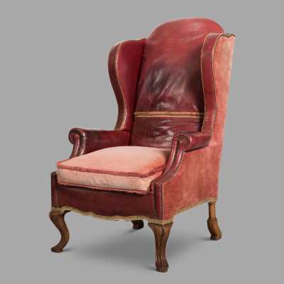 19th century Dutch armchair with red leather and velvet ears
