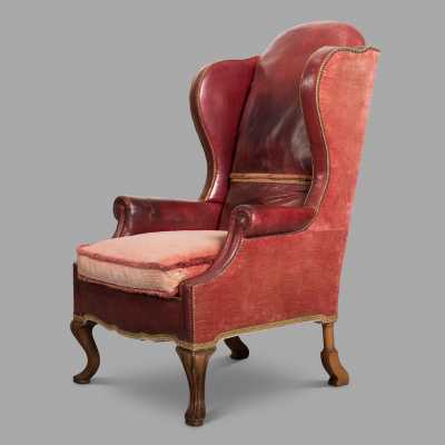 19th century Dutch armchair with red leather and velvet ears