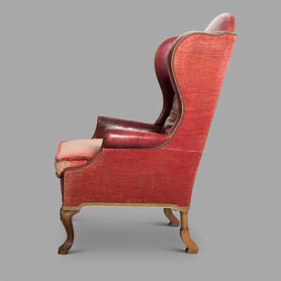 19th century Dutch armchair with red leather and velvet ears