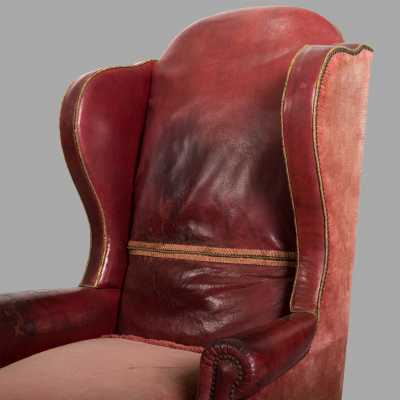 19th century Dutch armchair with red leather and velvet ears