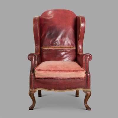 19th century Dutch armchair with red leather and velvet ears