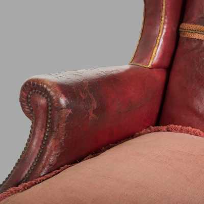 19th century Dutch armchair with red leather and velvet ears