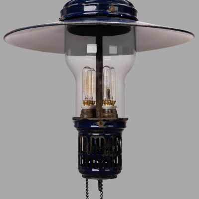Enamelled Sheet Metal Gas Pendant, Late Nineteenth Gas Pendant Light in Blue Enameled Sheet