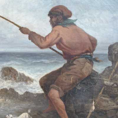 Oil on canvas, fisherman near Marseille, Signed Suchet