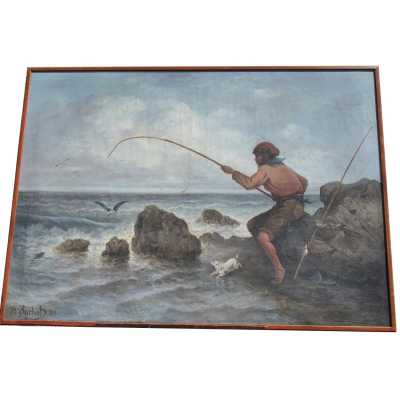 Oil on canvas, fisherman near Marseille, Signed Suchet