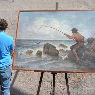 Oil on canvas, fisherman near Marseille, Signed Suchet