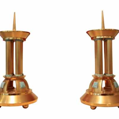 Pair of candle door gilded bronze and amazonite signed Valério House rue de la Paix in Paris