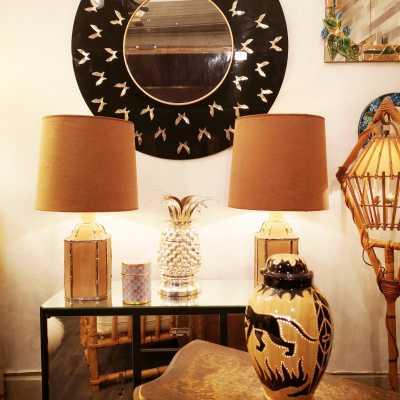 Pair of natural terracotta and silver enameled lamps