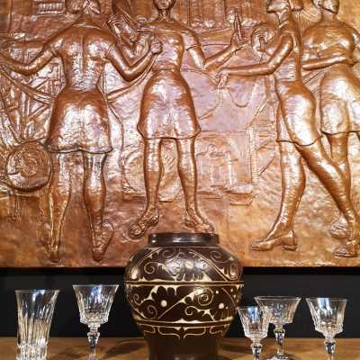 "The cotton spinners" repoussé copper bas-relief 