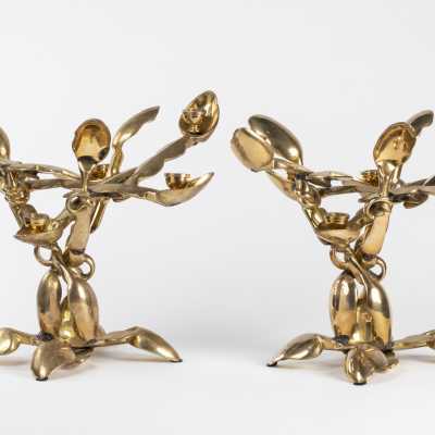 Arman Pair of Bronze Spoon Candlesticks