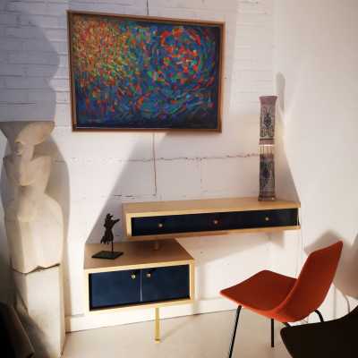 Corner desk, chair by Pierre Guariche, painting by Malmazet