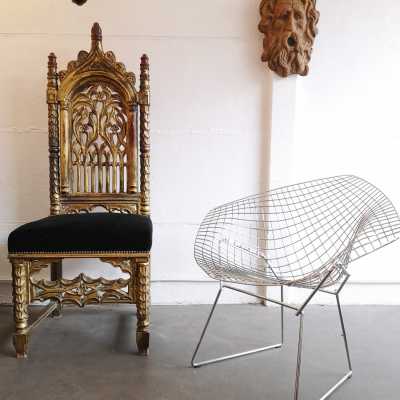 Important Neo-Gothic chair and Diamond Chair by Harry Bertoia