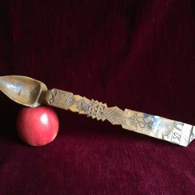Wedding spoon with guilloche decoration and engraved initials. Work of folk art, Pyrenees? Spain? Carved fruit-tree wood
