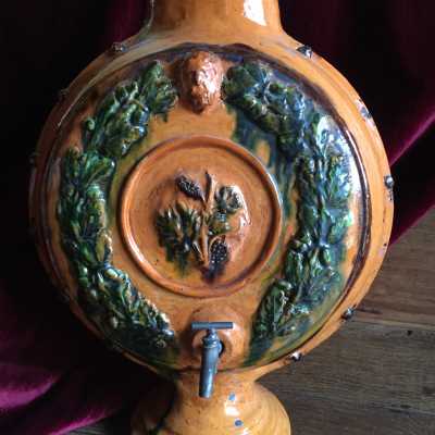 Fountain in glazed earthware, from Cliousclat (Drôme, in south of France). Signed by the potter, under the tap: "Léon Valeçon"