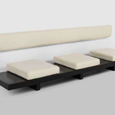 Large Brazilian bench in black lacquered wood, reupholstered cushions in high-end woolly fabrics, the backrest is fixed to the wall. Aerial design and superb proportions. Around 1960