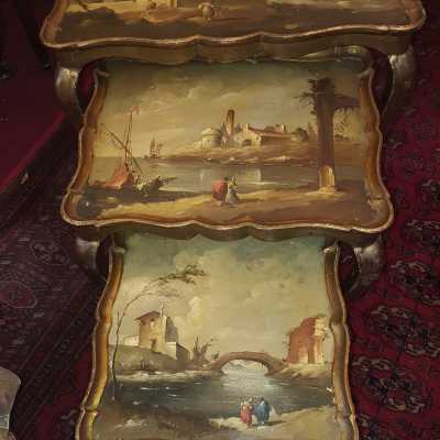 3 Nesting Tables Golden Wood with Italian Painting XXth