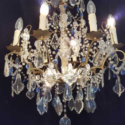 Twentieth chandelier with white and blue pendants at 8 lights