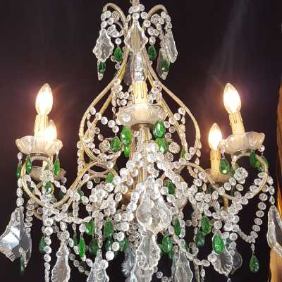 Golden chandelier 6 lights with white and green pendants XXth