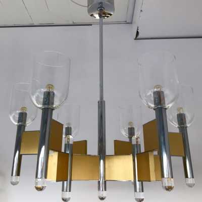 chandelier brass chrome metal sciolari italy 1970