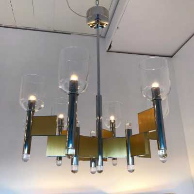 chandelier brass chrome metal sciolari italy 1970
