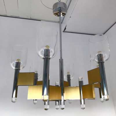chandelier brass chrome metal sciolari italy 1970