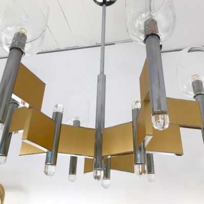 chandelier brass chrome metal sciolari italy 1970