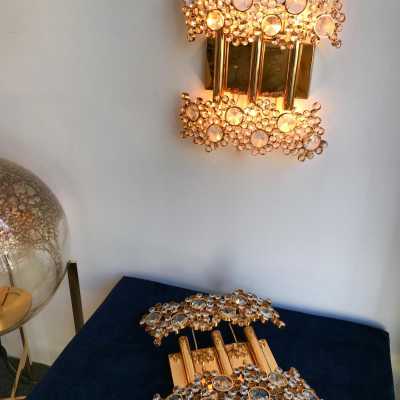 wall lights brass crystals glass palwa germany 1970 1980
