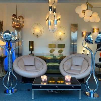 Floor lamps pair chromed metal reggiani sciolari italy 1970