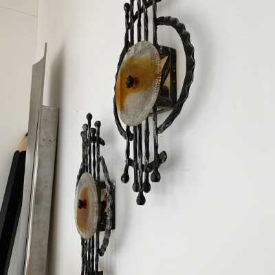 wall lights pair wrought iron murano glass Tom Ahlström & Hans Ehrich 1970