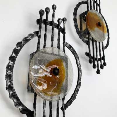 wall lights pair wrought iron murano glass Tom Ahlström & Hans Ehrich 1970