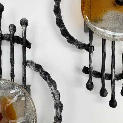 wall lights pair wrought iron murano glass Tom Ahlström & Hans Ehrich 1970