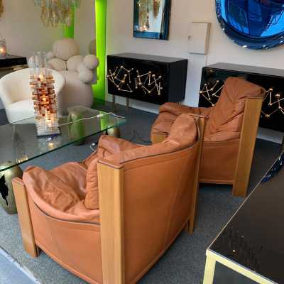 wood leather armchairs tobia scarpa maxalto italy 1970