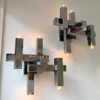 wall lights pair chromed metal gaetano sciolari italy 1970
