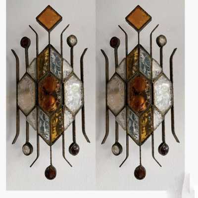 sconces pair glass wrought iron gilded longobard poliarte italy 1970
