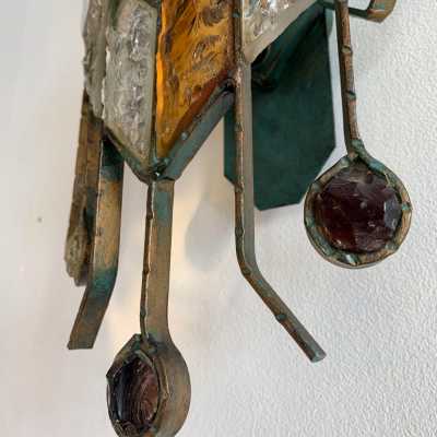 sconces pair glass wrought iron gilded longobard poliarte italy 1970