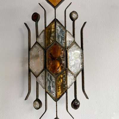 sconces pair glass wrought iron gilded longobard poliarte italy 1970