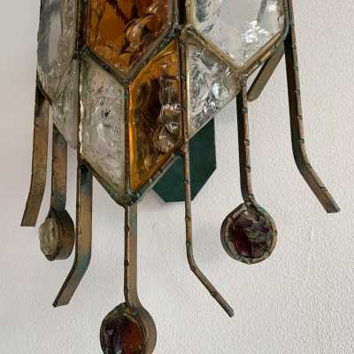 sconces pair glass wrought iron gilded longobard poliarte italy 1970