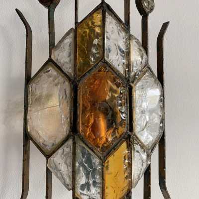 sconces pair glass wrought iron gilded longobard poliarte italy 1970