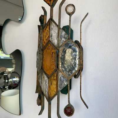 sconces pair glass wrought iron gilded longobard poliarte italy 1970