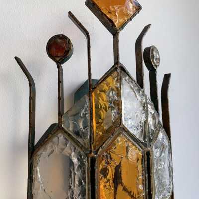sconces pair glass wrought iron gilded longobard poliarte italy 1970