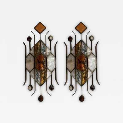 sconces pair glass wrought iron gilded longobard poliarte italy 1970