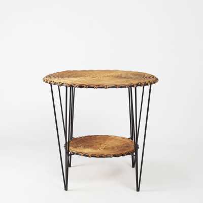 Gueridon circa 1950 double wicker top, black metal hairpin base