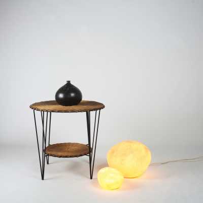 Gueridon circa 1950 double wicker top, black metal hairpin base