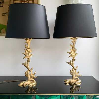 lamps pair bronze golden metal fondica mathias france 1990
