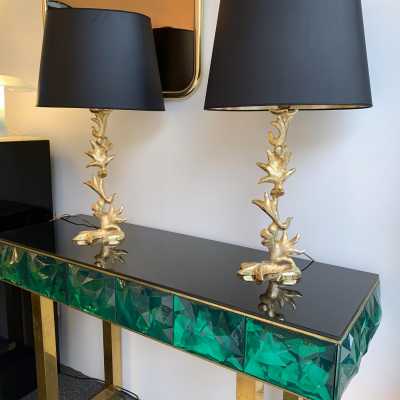 lamps pair bronze golden metal fondica mathias france 1990