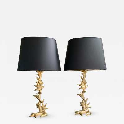 lamps pair bronze golden metal fondica mathias france 1990
